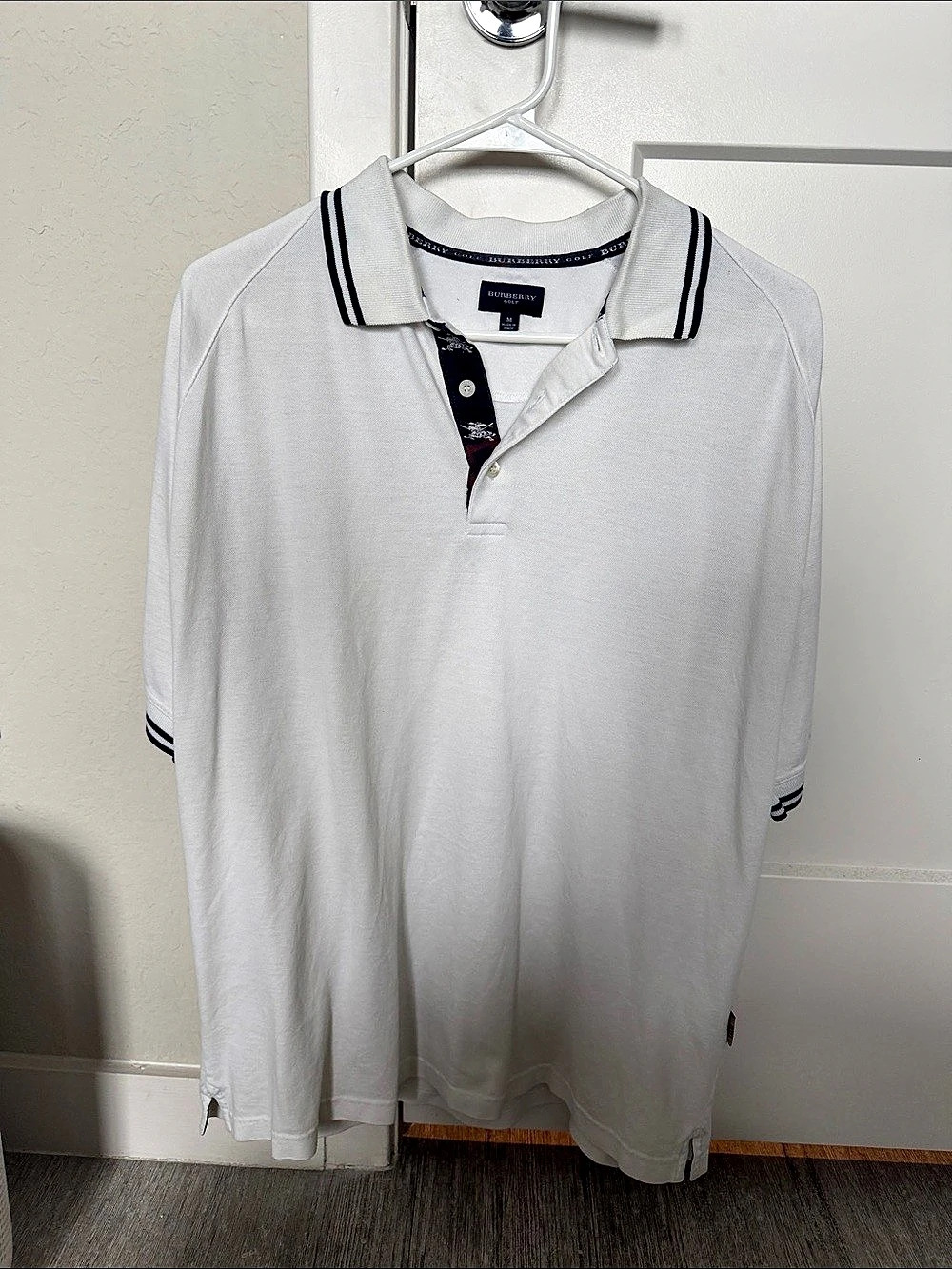 Burberry Golf White Pique Polo Shirt with Nova Check Placket Nova Check Placket